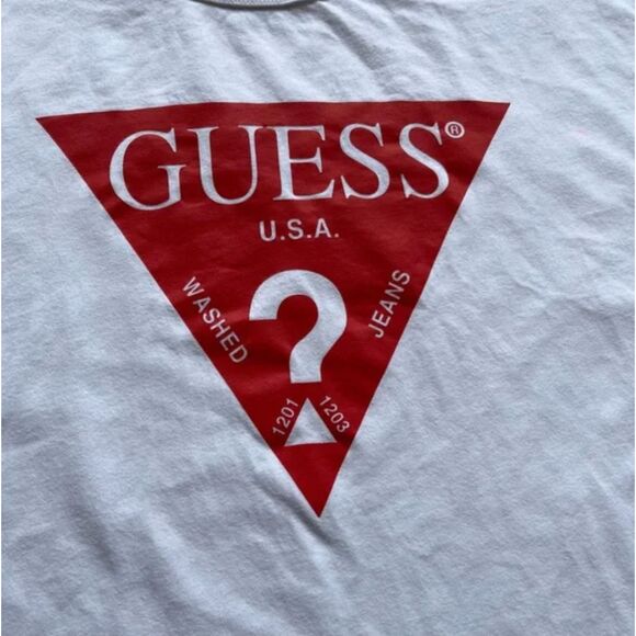 GUESS USA 90s Long Sleeve White Tee Red Triangle Question Mark Logo Graphic Sz S - Picture 2 of 9